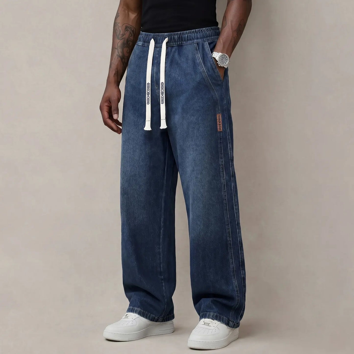 Men’s Stretch Cotton Jeans with Drawstring Waist - Relaxed Fit Comfort