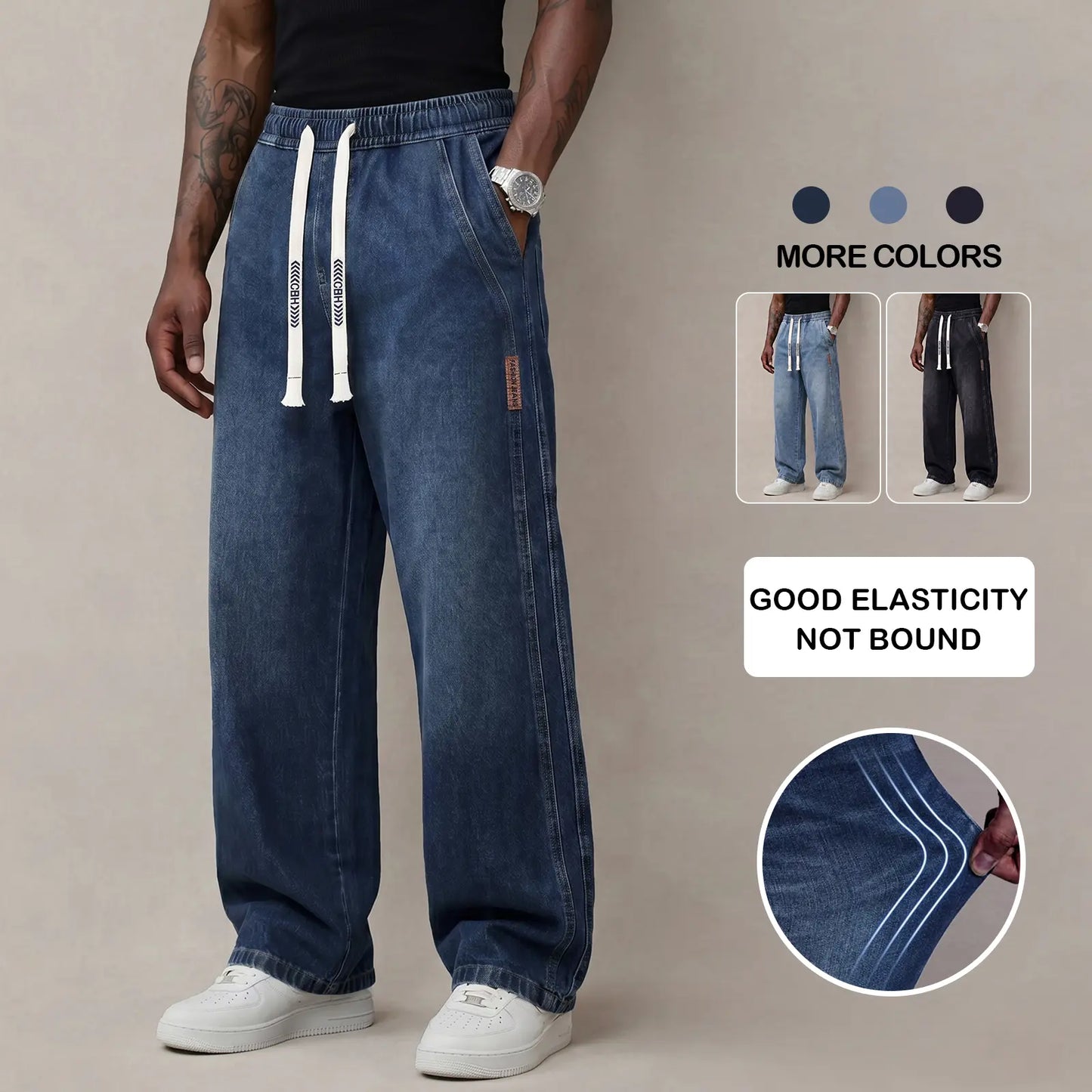 Men’s Stretch Cotton Jeans with Drawstring Waist - Relaxed Fit Comfort