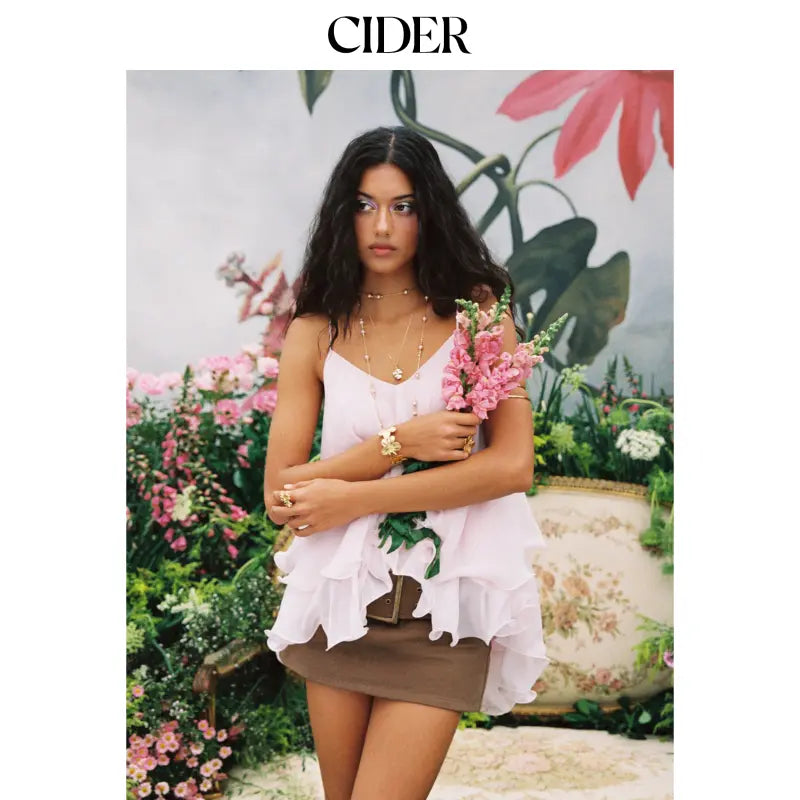 Cider Ruffle Hem Knotted Layered Mesh Cami Top