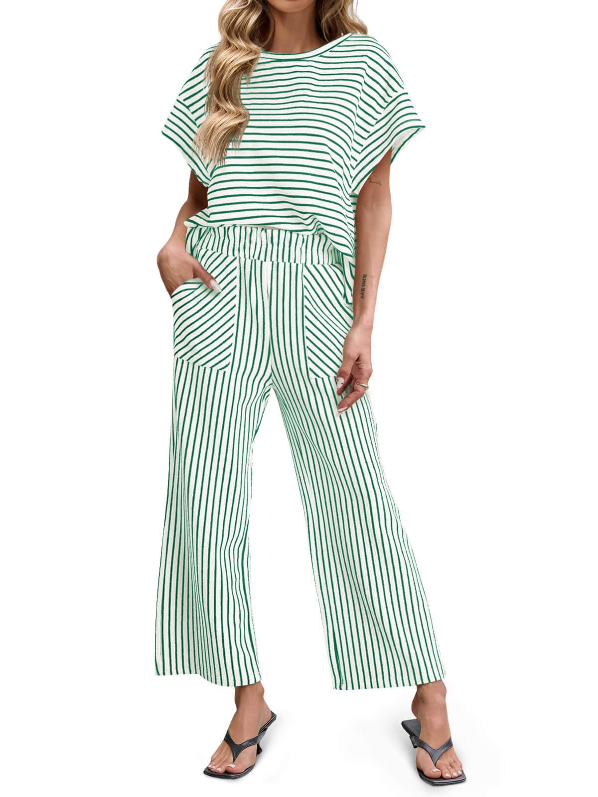 Women's Striped 2 Piece Sets Short Sleeve T Shirts Wide Leg Pants with Pockets