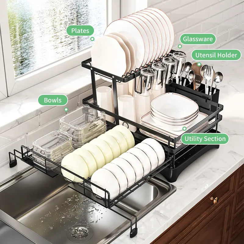 Foldable Pull-Out Dish Drying Rack - Space Saving Organizer