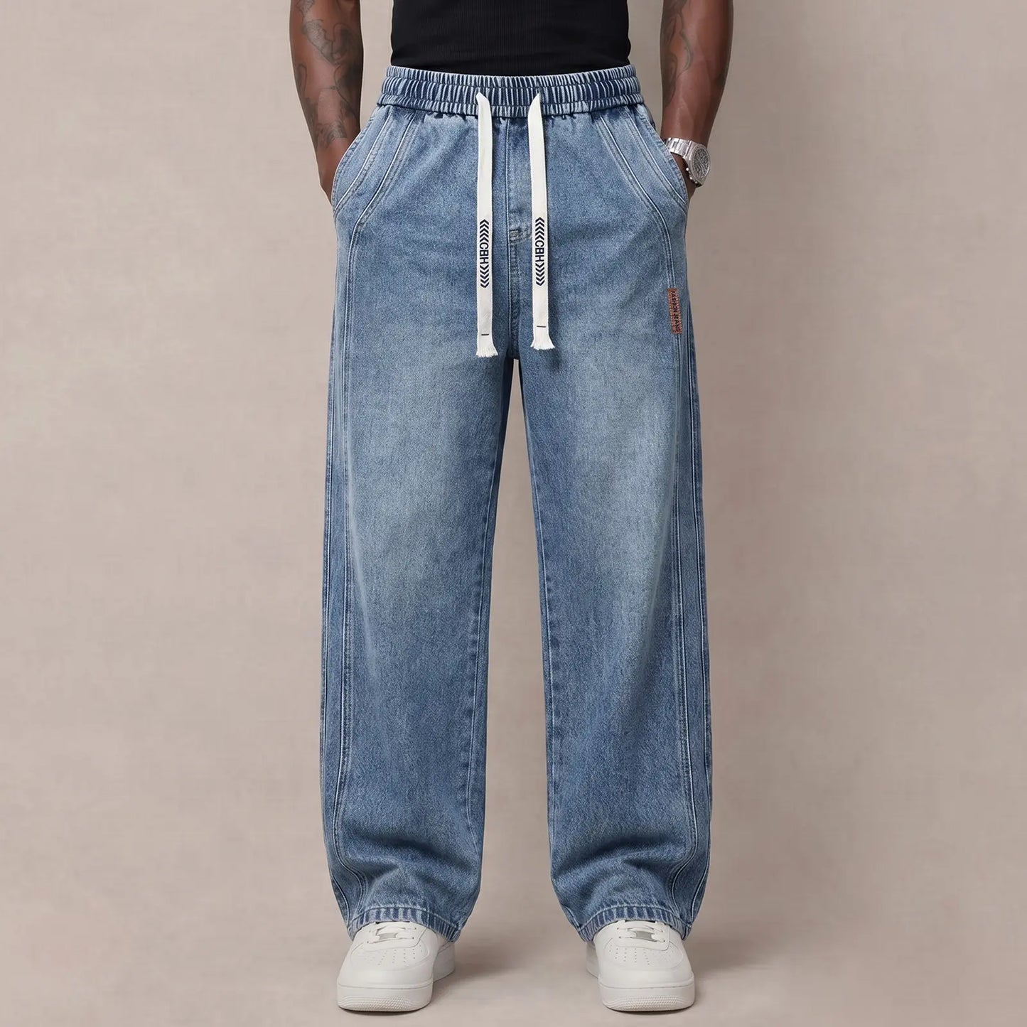 Men’s Stretch Cotton Jeans with Drawstring Waist - Relaxed Fit Comfort