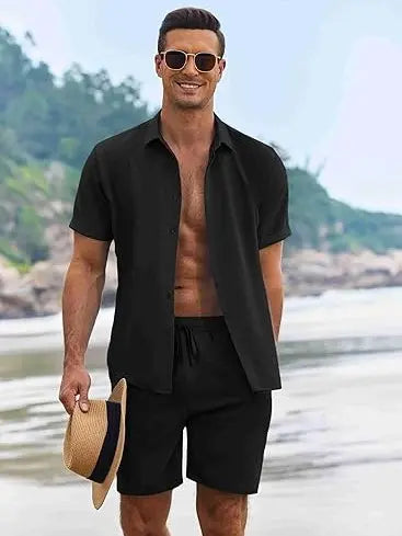 Sherlly Men's Summer Beach Outfit - Linen Shirt & Shorts Set