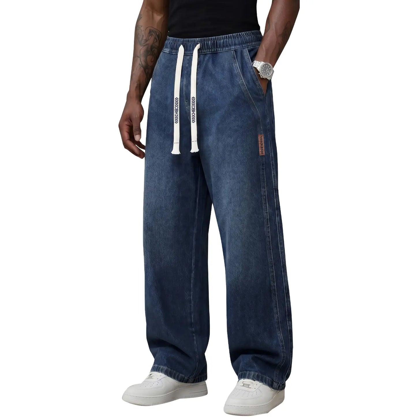 Men’s Stretch Cotton Jeans with Drawstring Waist - Relaxed Fit Comfort