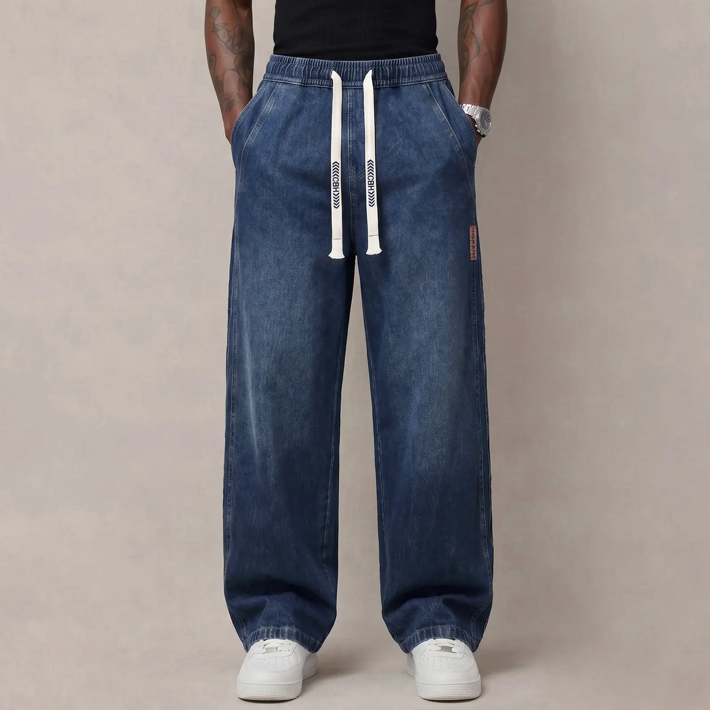 Men’s Stretch Cotton Jeans with Drawstring Waist - Relaxed Fit Comfort
