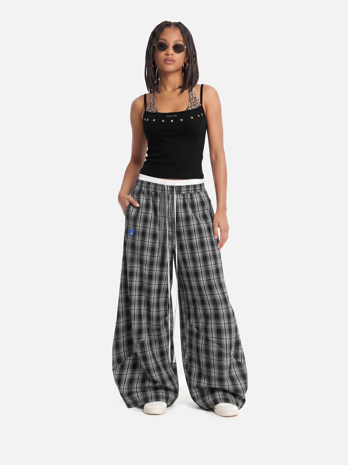 Sherlly Baggy Plaid Barrel Double Waist Sweatpants