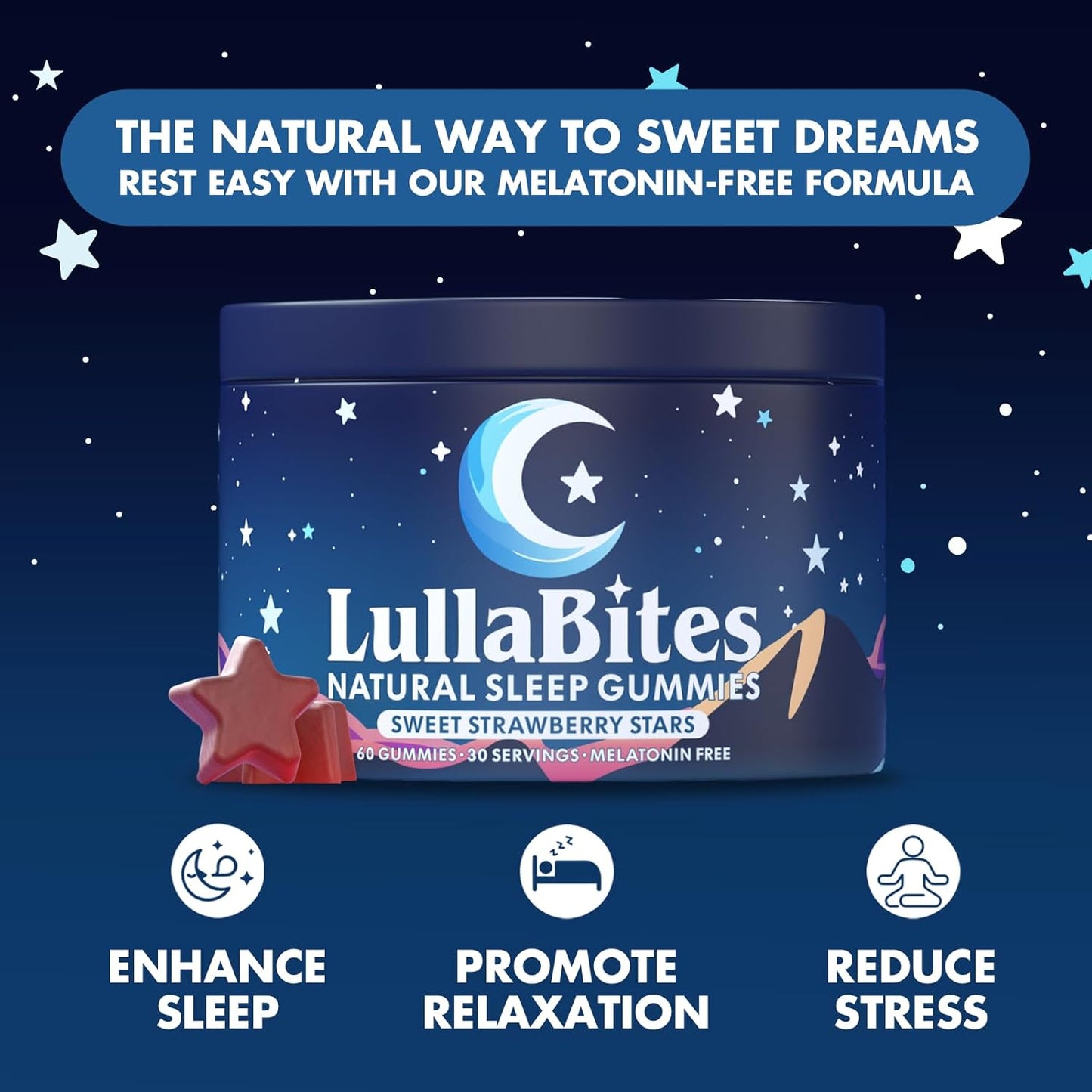 Natural Sleep Gummies - With 5-HTP, L-Theanine, Magnesium & Valerian Root - Melatonin Free - Vegan - Halal - Sugar, Gluten Free - Sweet Strawberry - 60 Gummies - 30 Servings