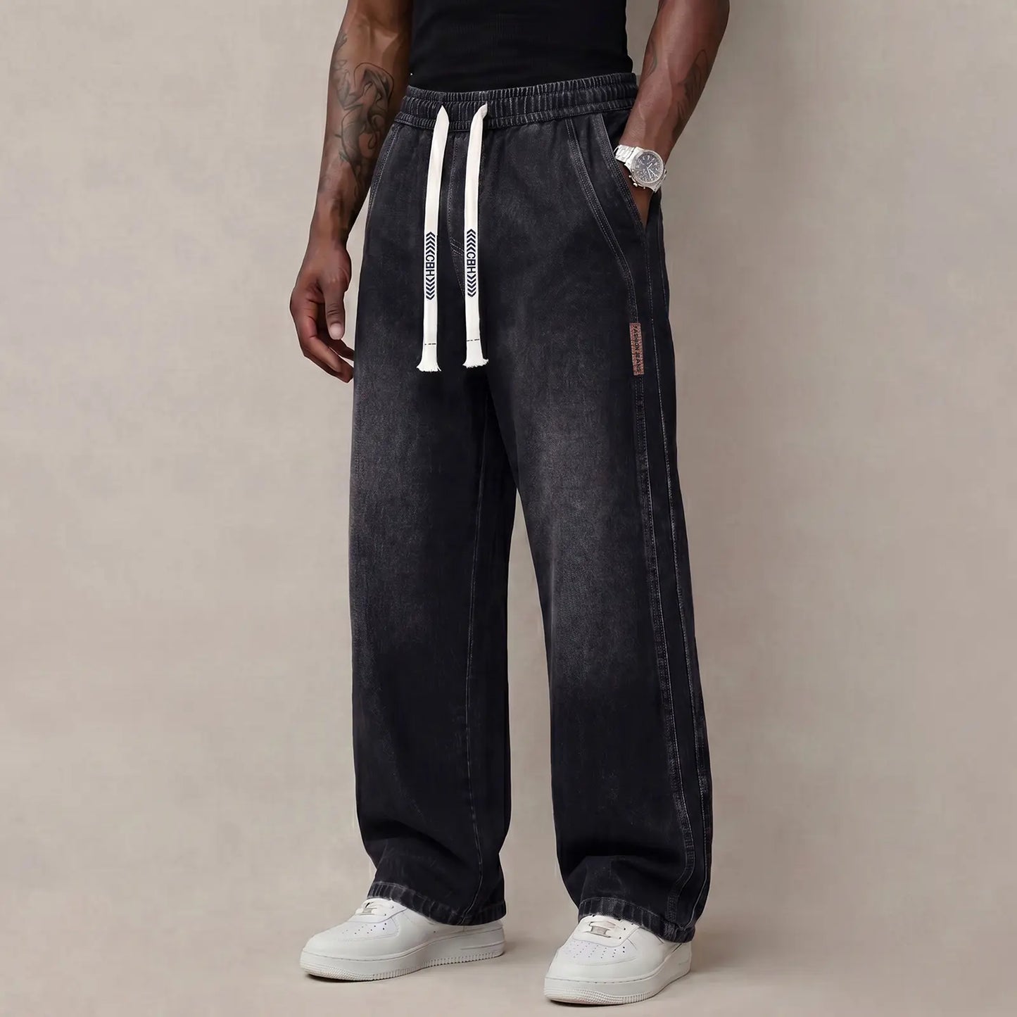 Men’s Stretch Cotton Jeans with Drawstring Waist - Relaxed Fit Comfort