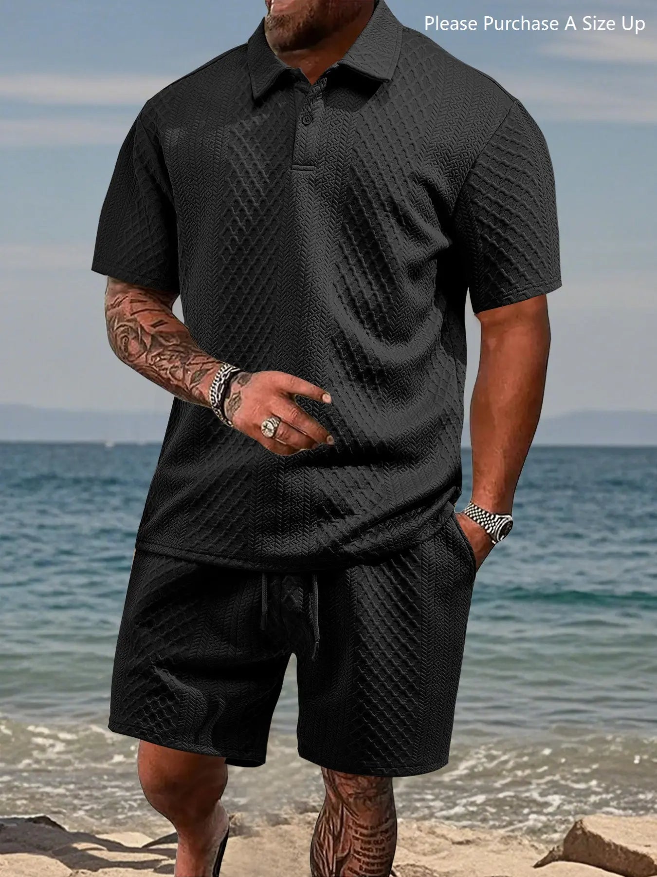 Men's Solid Polo Shirt & Drawstring Waist Shorts Set