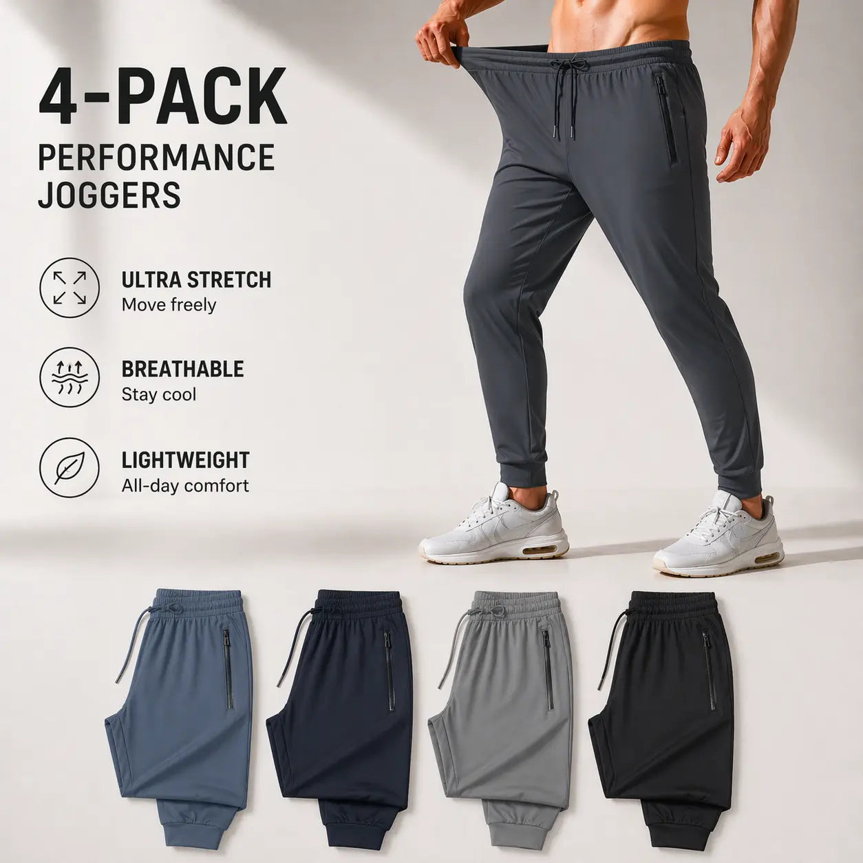 4-PACK Men's Stretch Jogger Pants - Comfortable Athletic Wear