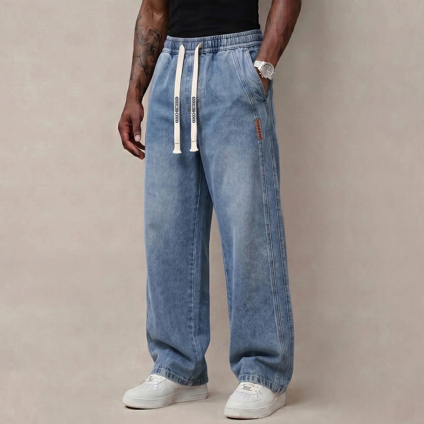 Men’s Stretch Cotton Jeans with Drawstring Waist - Relaxed Fit Comfort