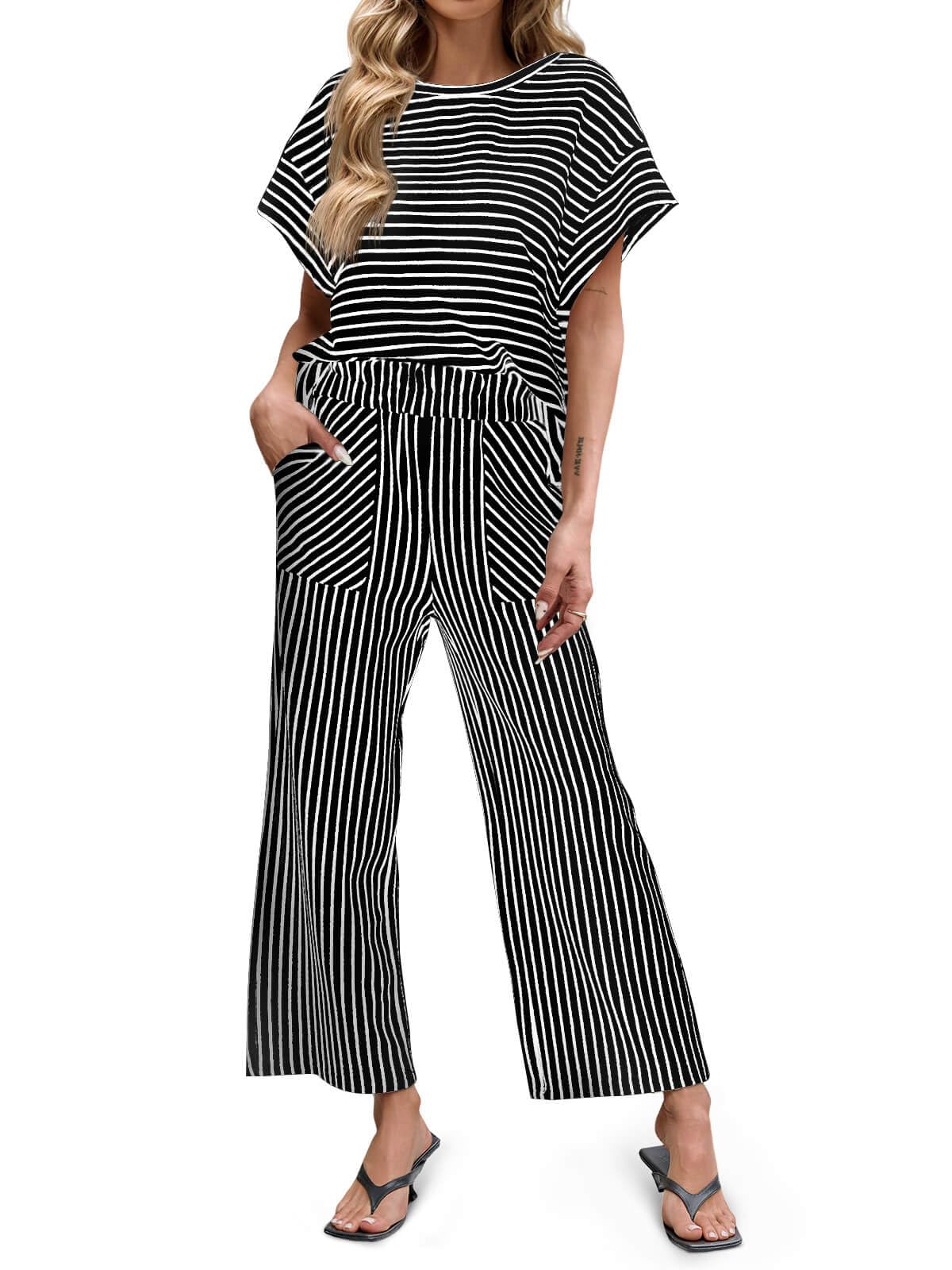 Women's Striped 2 Piece Sets Short Sleeve T Shirts Wide Leg Pants with Pockets
