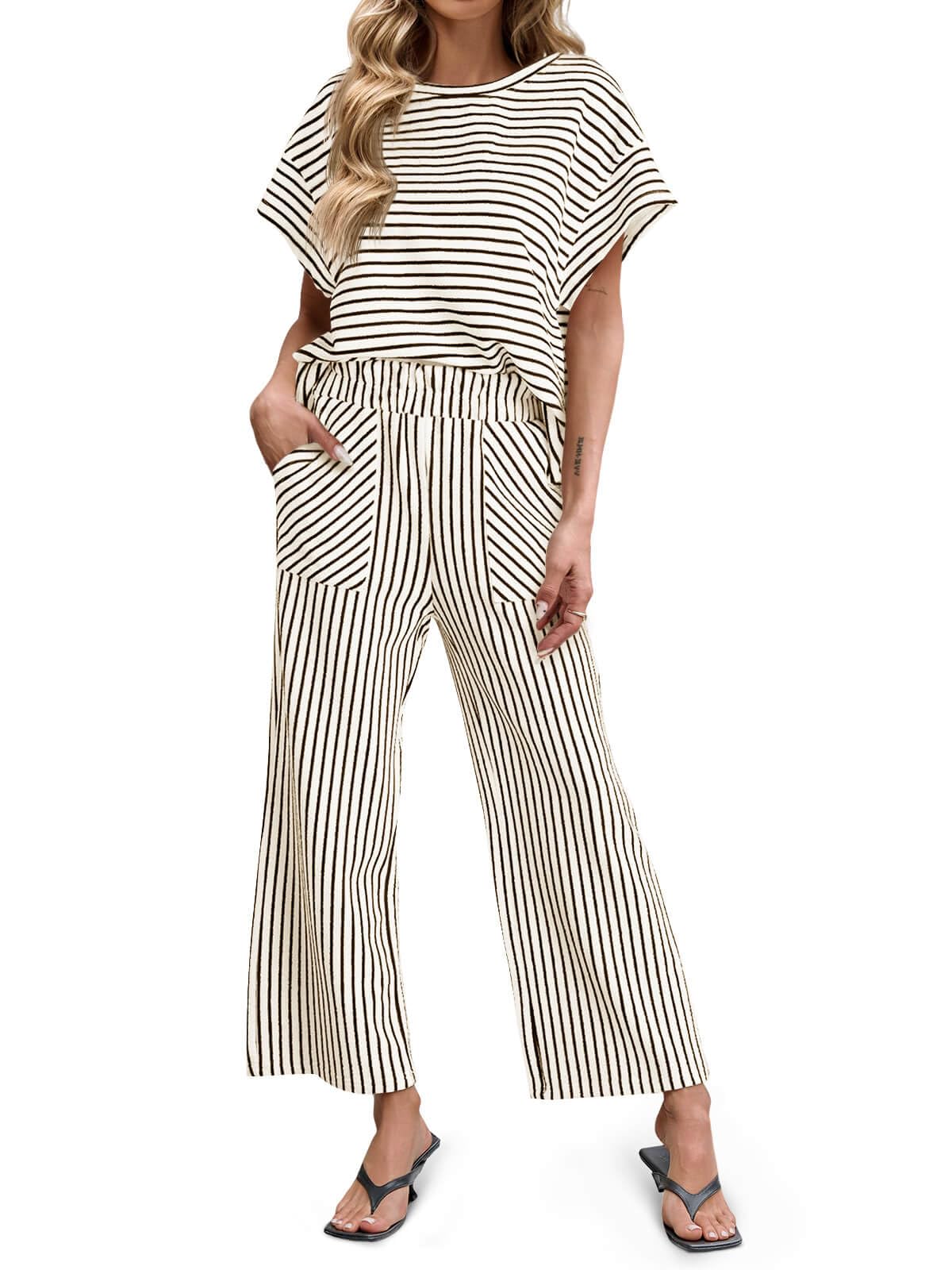 Women's Striped 2 Piece Sets Short Sleeve T Shirts Wide Leg Pants with Pockets