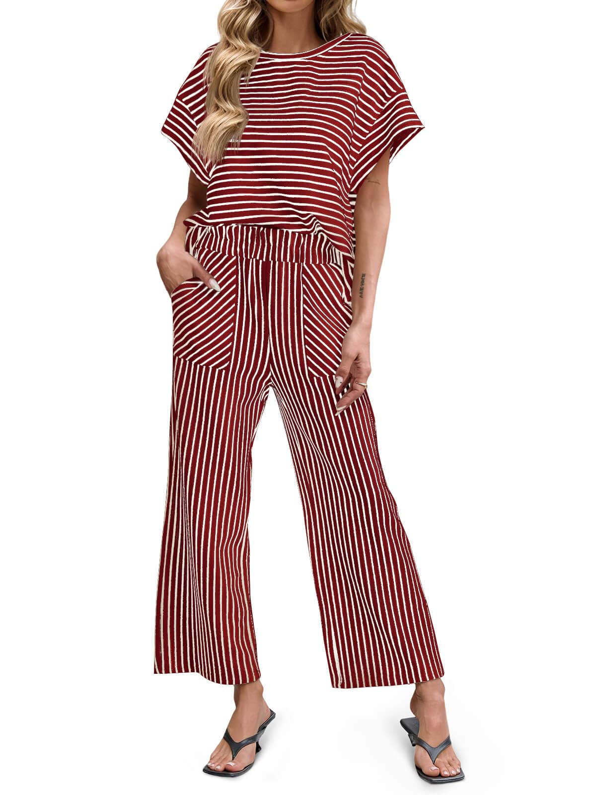 Women's Striped 2 Piece Sets Short Sleeve T Shirts Wide Leg Pants with Pockets