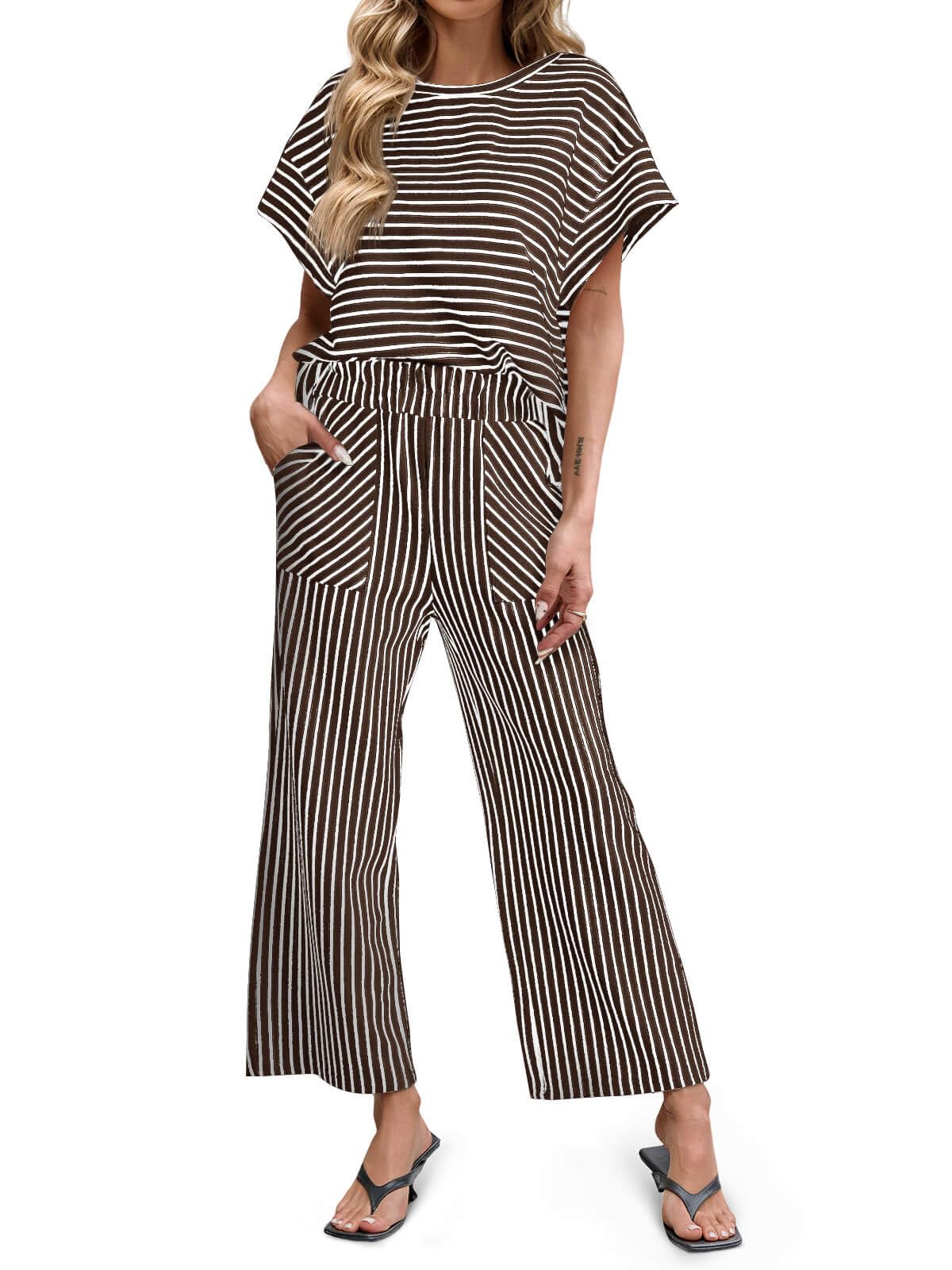 Women's Striped 2 Piece Sets Short Sleeve T Shirts Wide Leg Pants with Pockets