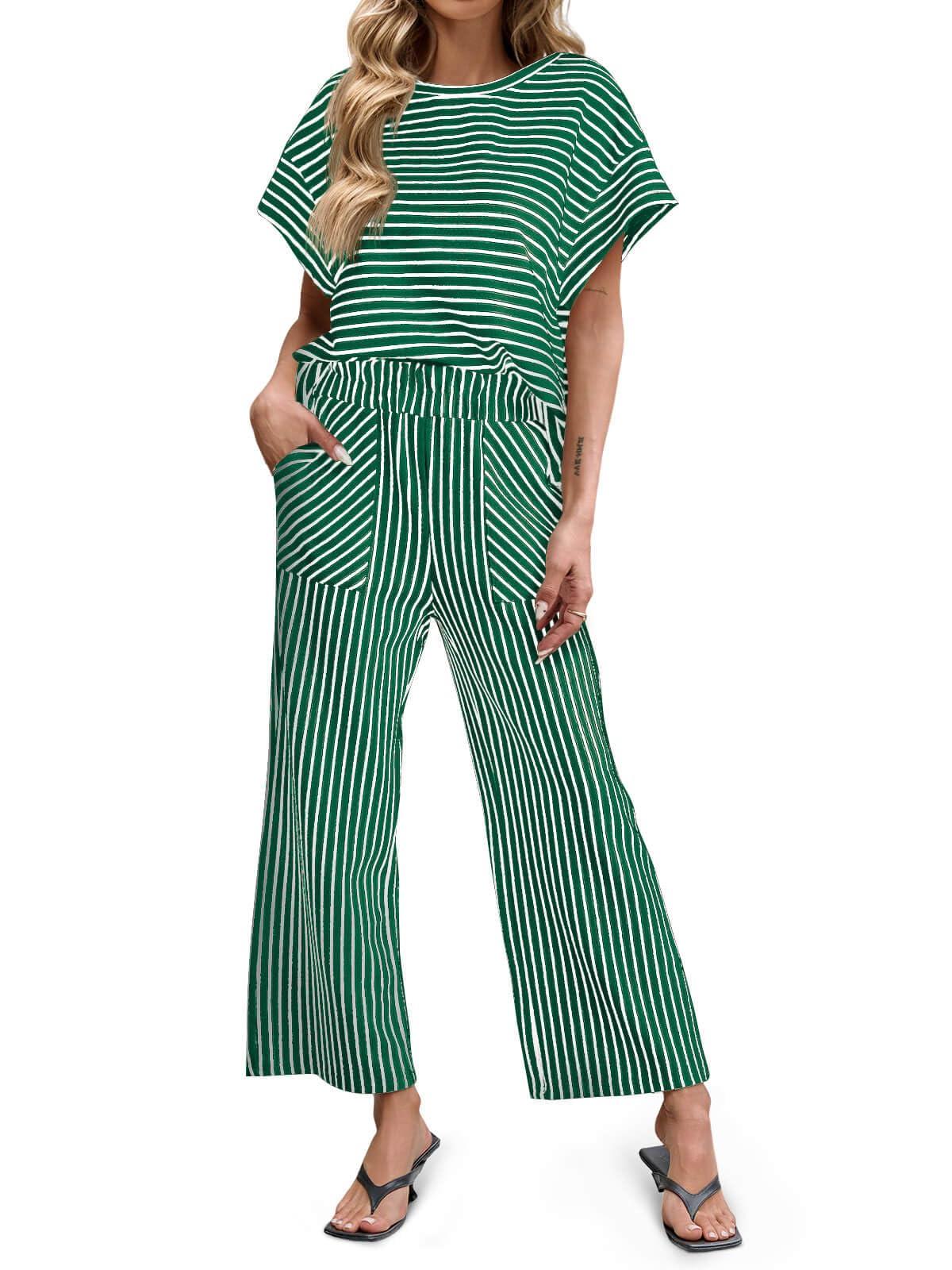 Women's Striped 2 Piece Sets Short Sleeve T Shirts Wide Leg Pants with Pockets
