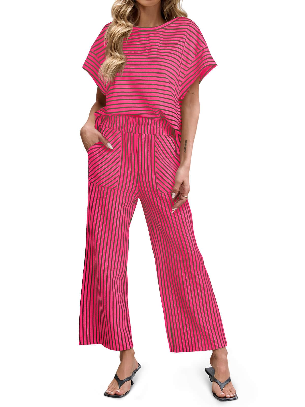 Women's Striped 2 Piece Sets Short Sleeve T Shirts Wide Leg Pants with Pockets