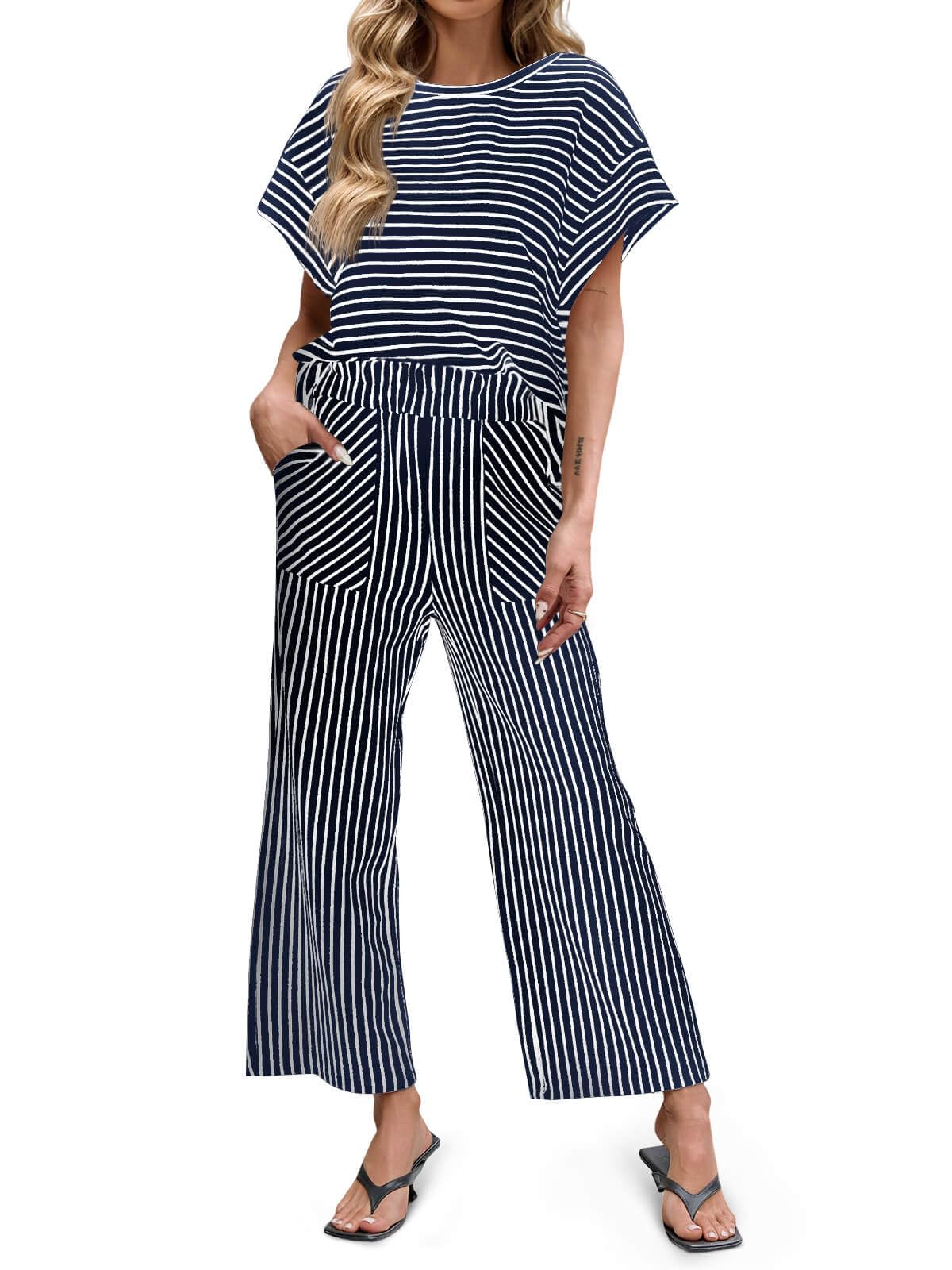 Women's Striped 2 Piece Sets Short Sleeve T Shirts Wide Leg Pants with Pockets