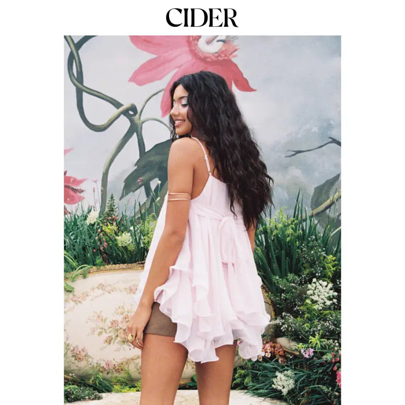 Cider Ruffle Hem Knotted Layered Mesh Cami Top
