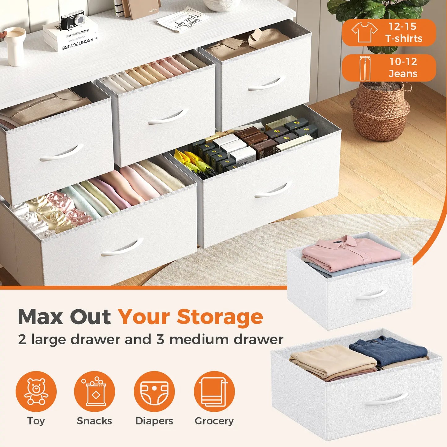 Organizer Storage 5 Drawer Chest with Fabric Bins for Bedroom