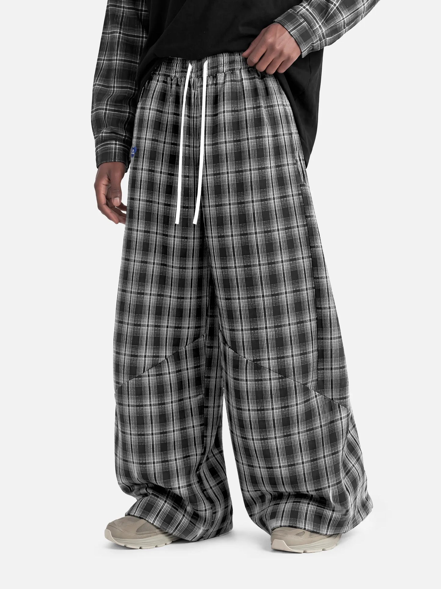 Sherlly Baggy Plaid Barrel Double Waist Sweatpants