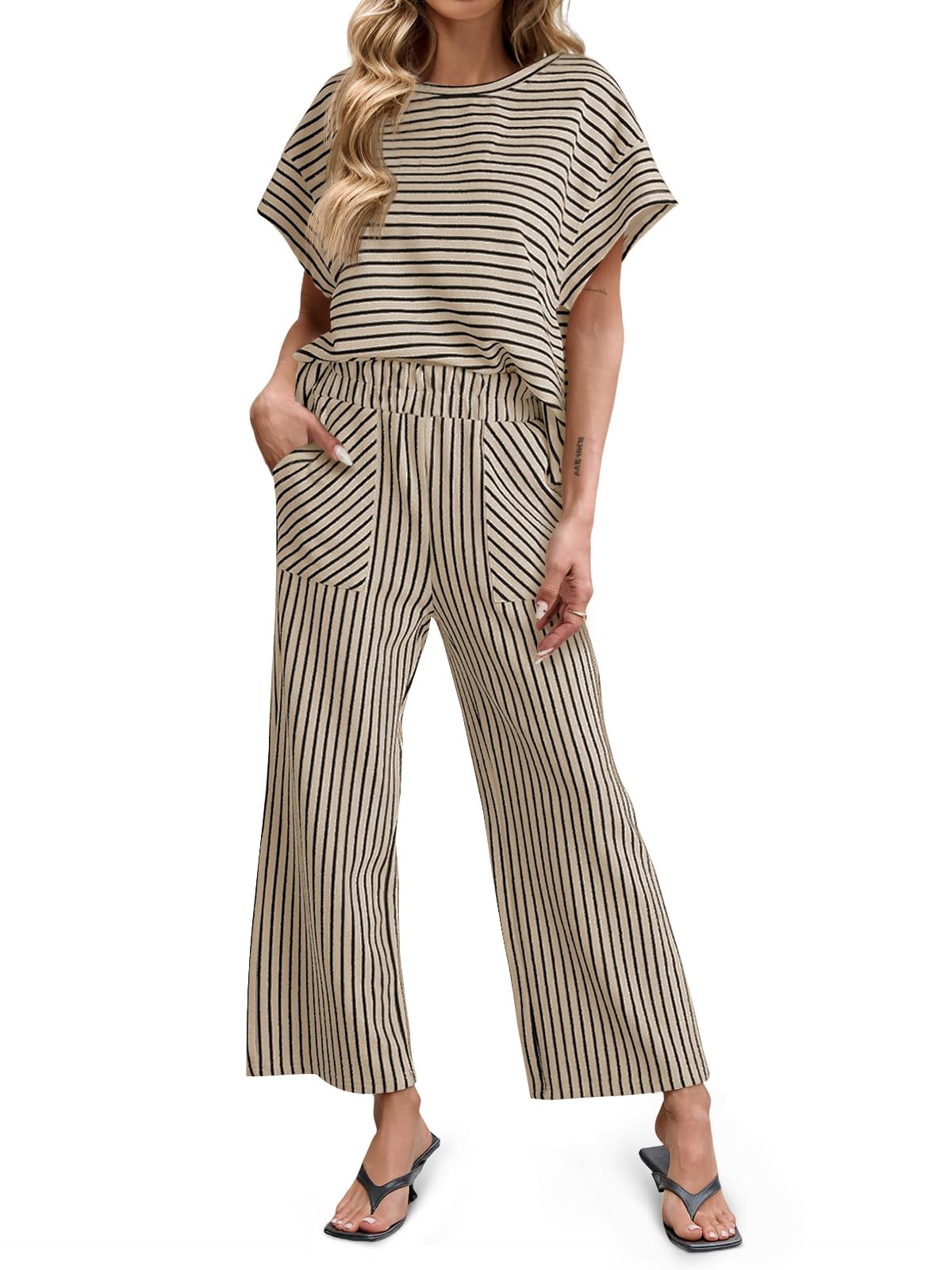 Women's Striped 2 Piece Sets Short Sleeve T Shirts Wide Leg Pants with Pockets