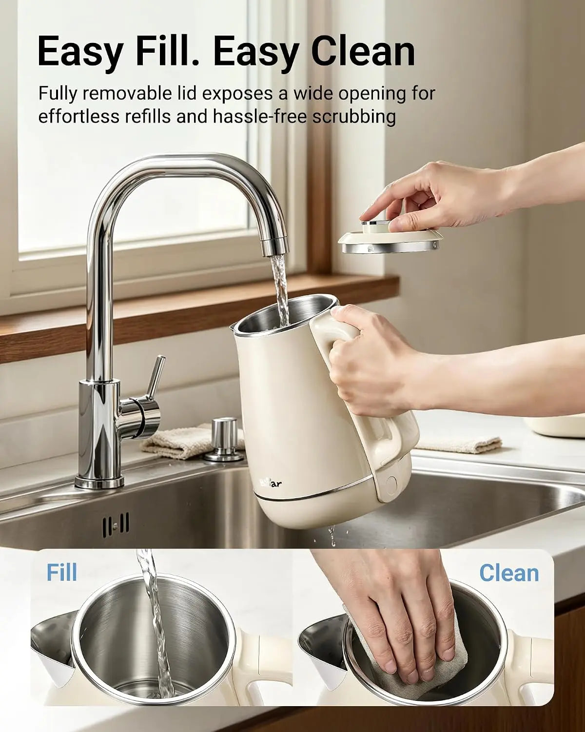 Bear Electric Kettle, 1.5L 304 Stainless Steel Water Boiler, 1500W Fast Boiling Tea Kettle with Double Wall Cool Touch, Auto Shut-Off & Boil-Dry Protection, BPA-Free, Cream