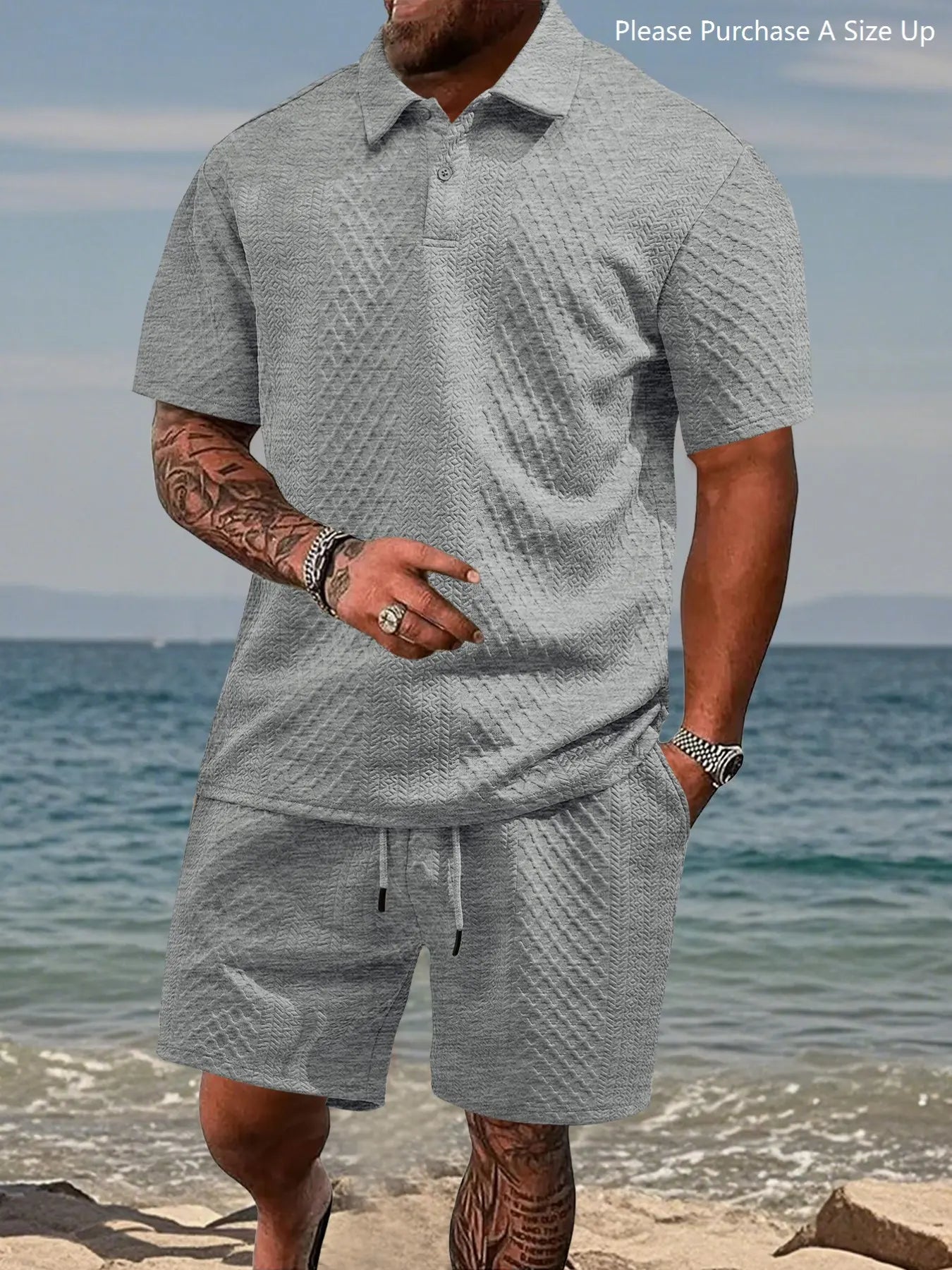 Men's Solid Polo Shirt & Drawstring Waist Shorts Set