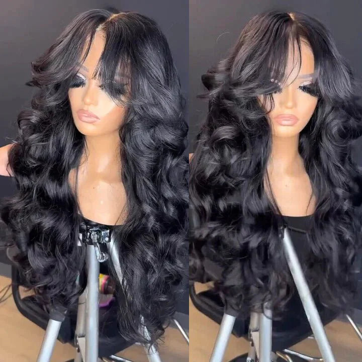Sherlly Hair 13x4 Lace Loose Body Wave Human Hair Wigs Ocean Wave Lace Front Wigs with Curtain Bangs Full 300% Density