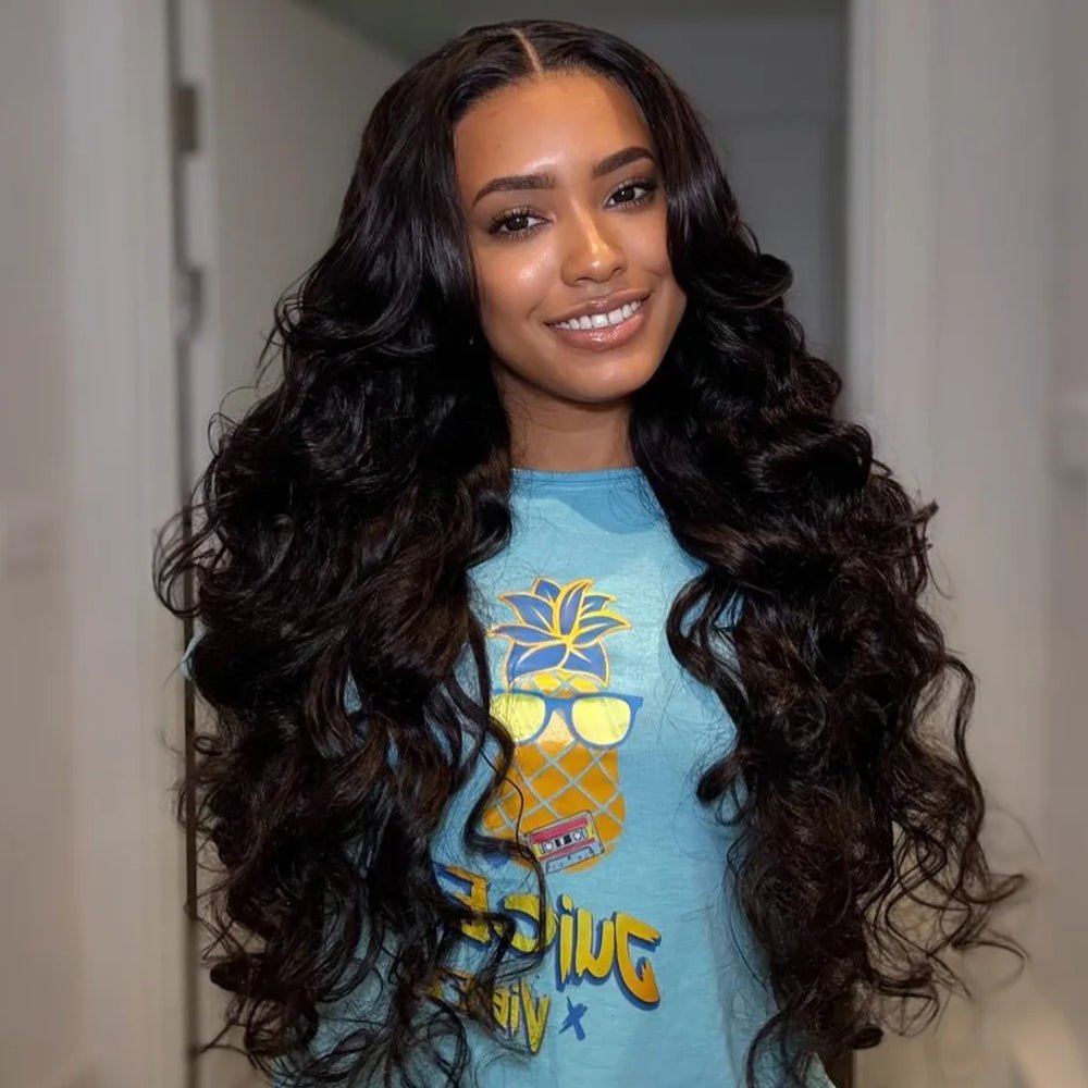 Sherlly Hair 13x4 Lace Loose Body Wave Human Hair Wigs Ocean Wave Lace Front Wigs with Curtain Bangs Full 300% Density