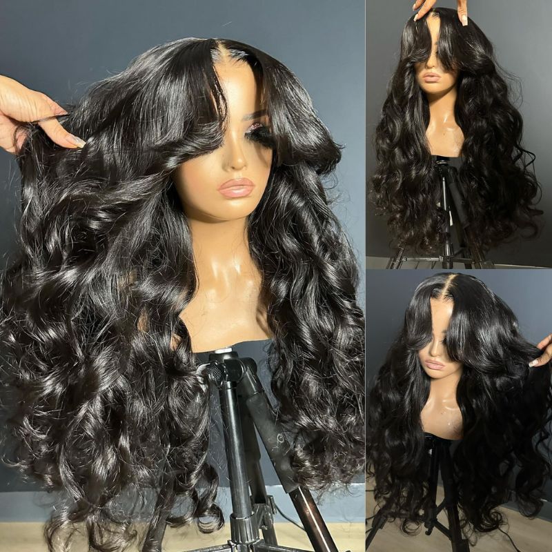 Sherlly Hair 13x4 Lace Loose Body Wave Human Hair Wigs Ocean Wave Lace Front Wigs with Curtain Bangs Full 300% Density